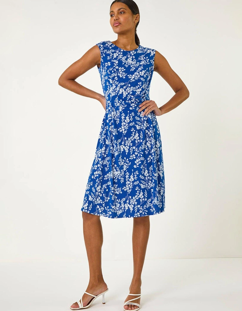 Floral Print Gathered Side Midi Dress - Royal Blue