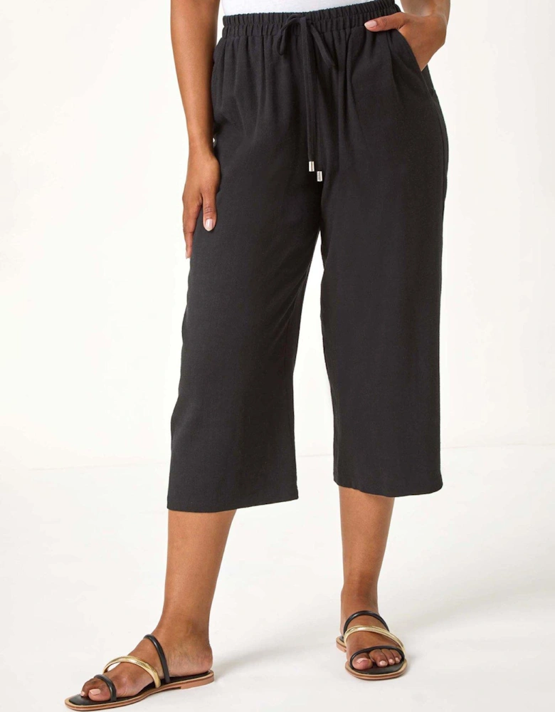 Petite Linen Mix Wide Cropped Trousers - Black