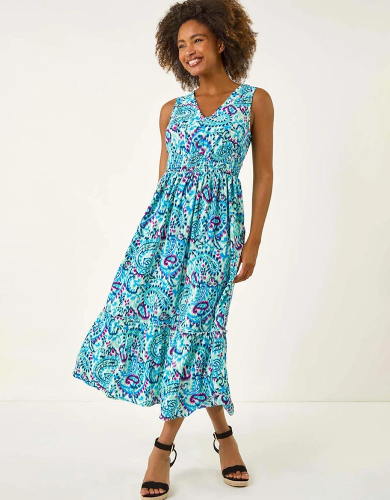 Paisley Print Shirred Maxi Dress - Turquoise