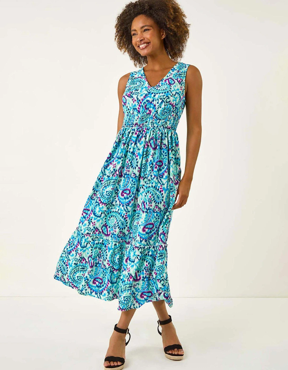 Paisley Print Shirred Maxi Dress - Turquoise, 2 of 1