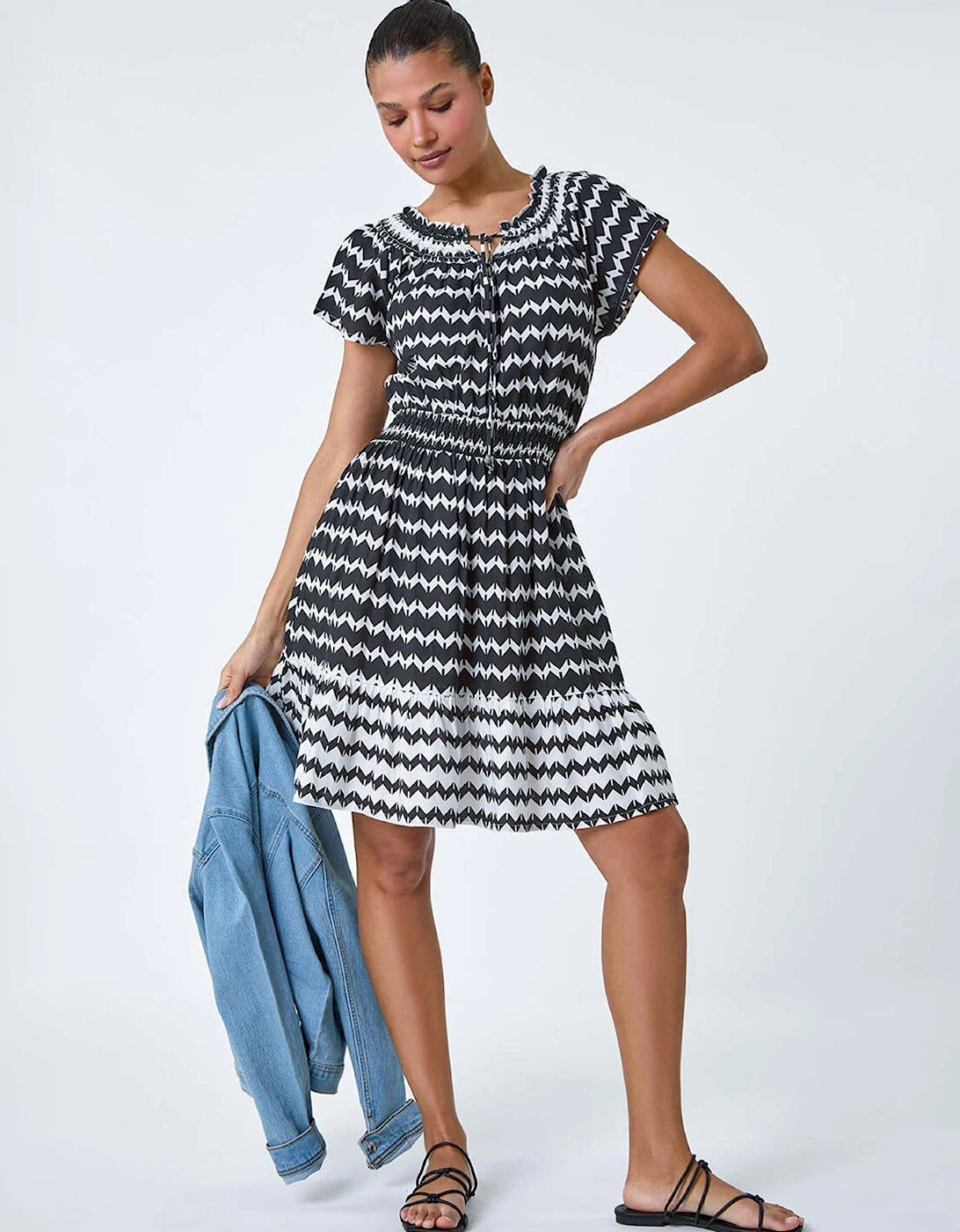 Zig Zag Border Print Shirred Dress, 2 of 1