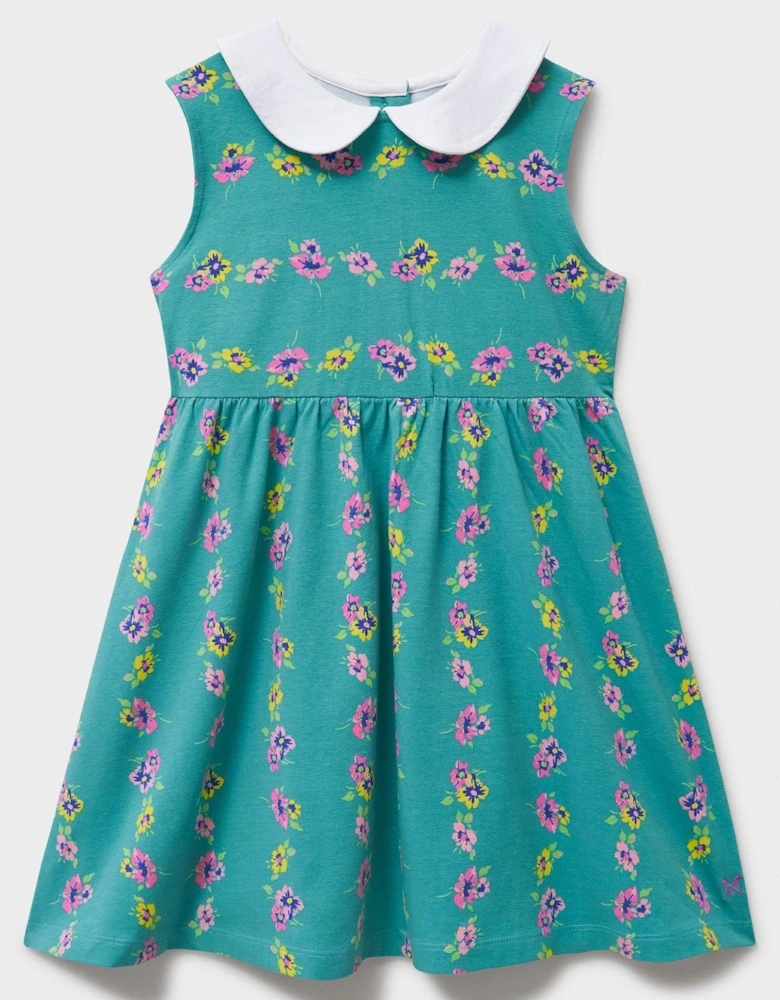 Girls Peter Pan Sleeveless Floral Dress - Green
