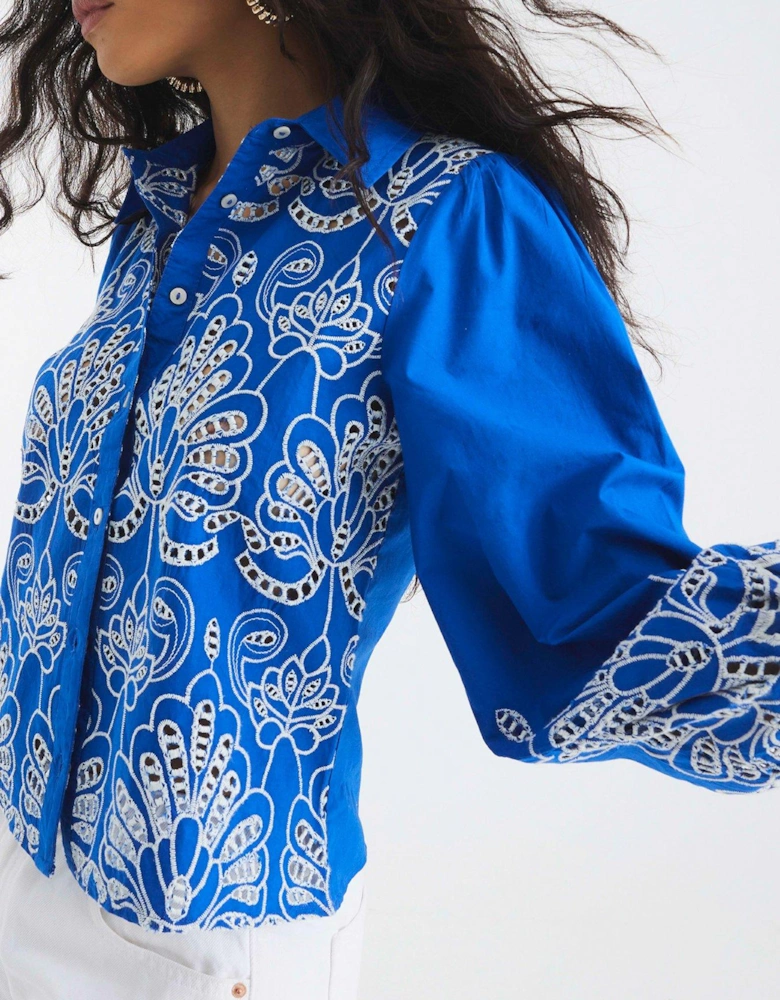 Long Sleeve Cutwork Detail Shirt - Blue