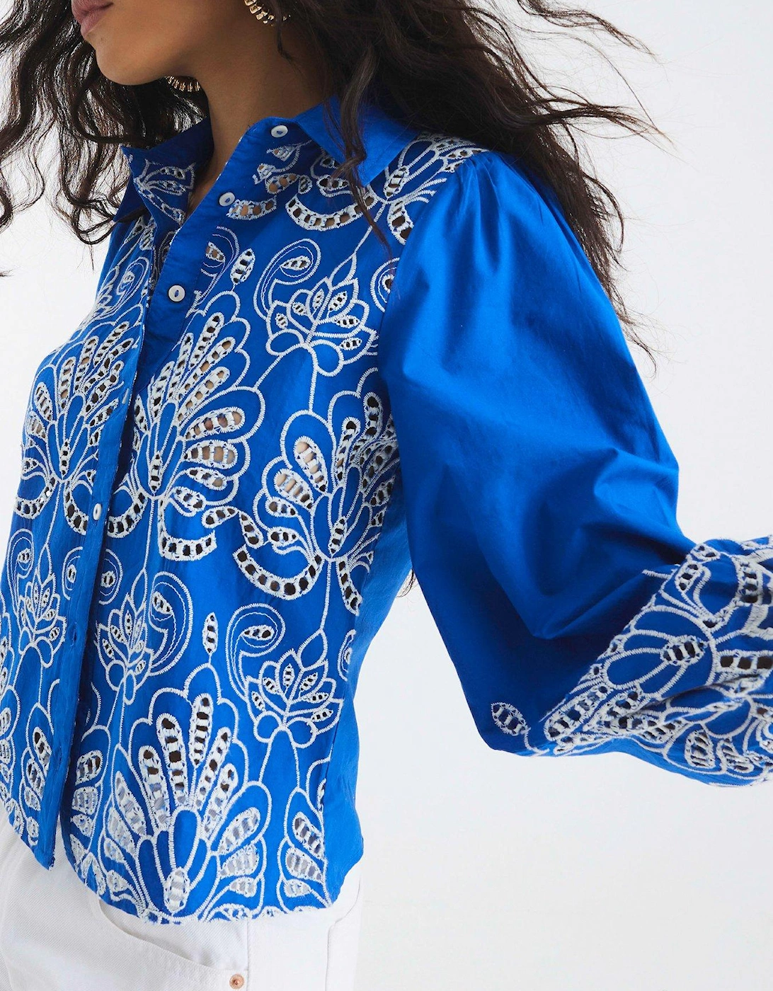 Long Sleeve Cutwork Detail Shirt - Blue, 2 of 1