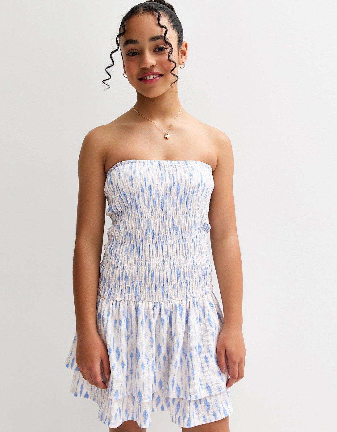 Girls Blue Textured Jersey Pattern Print Dress - Light Blue, 2 of 1