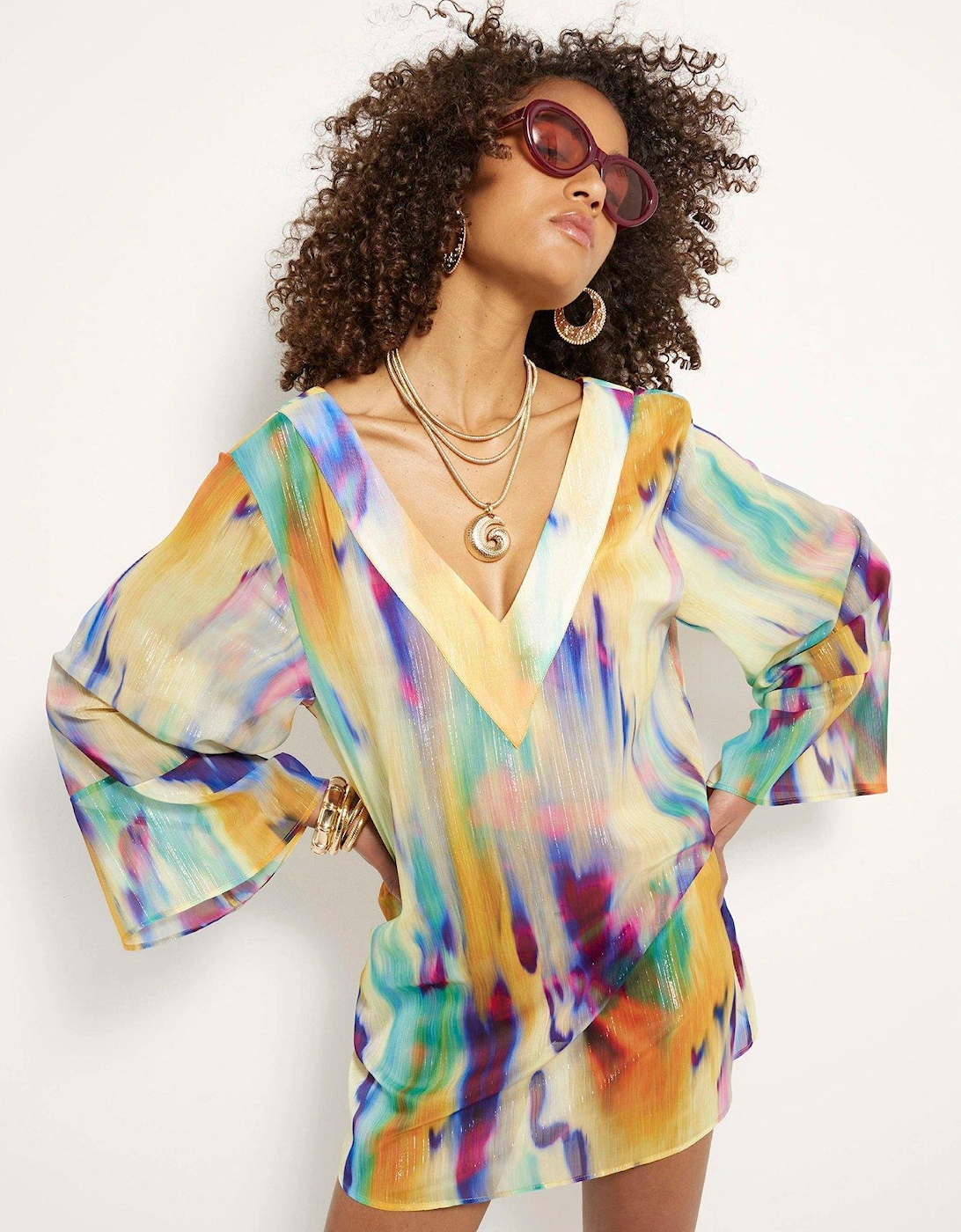 Printed Long Sleeve Plunge Tunic - Yellow, 2 of 1