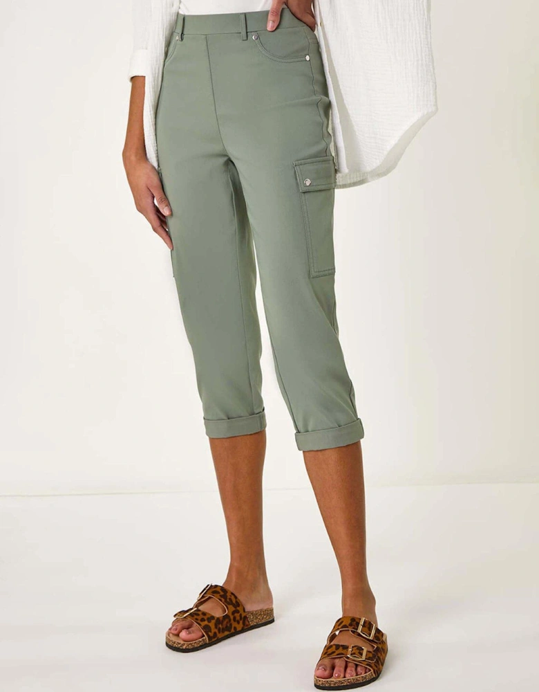 Turn Up Stretch Cropped Cargo Trousers - Khaki