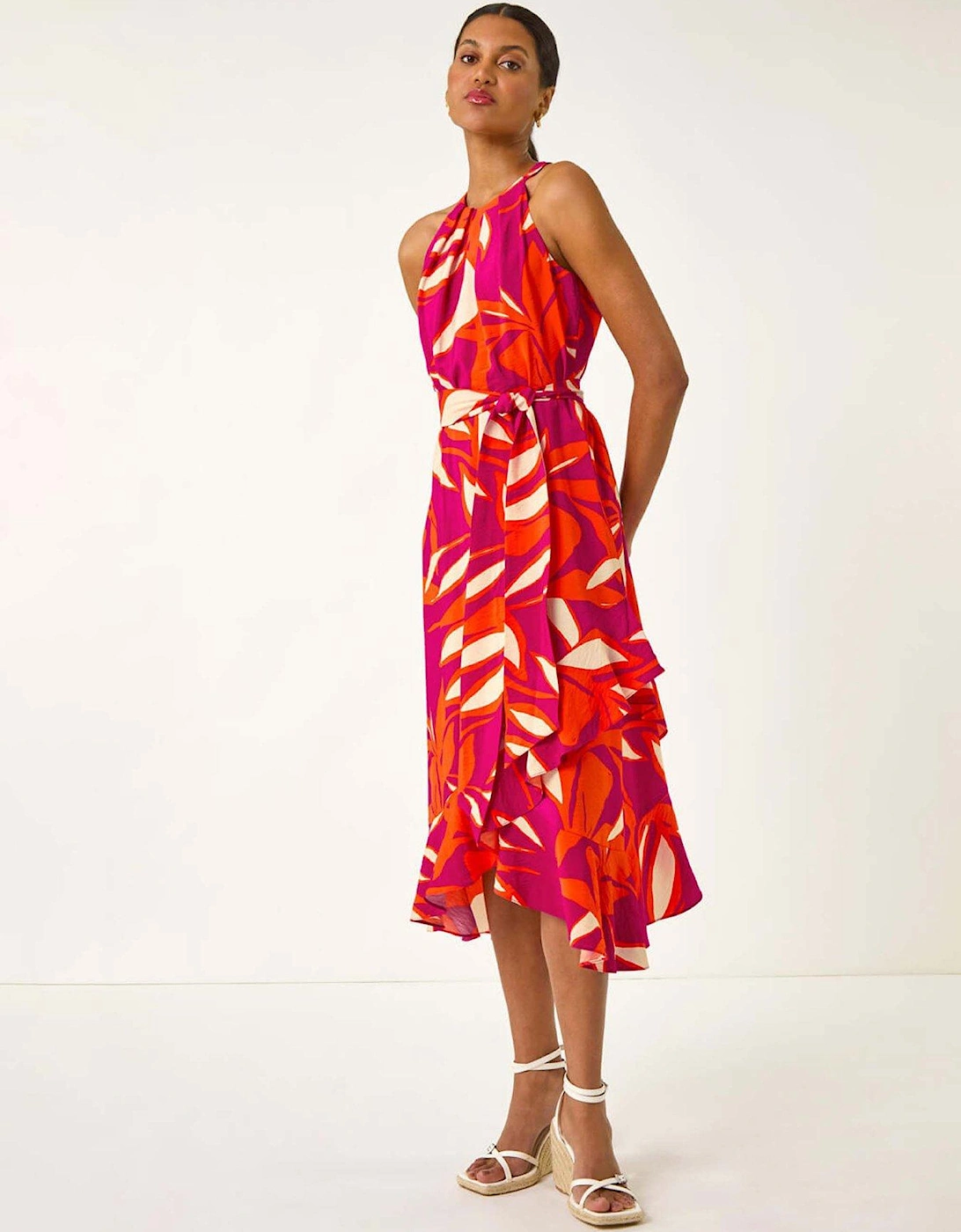 Floral Print Frill Wrap Midi Dress - Cerise, 2 of 1