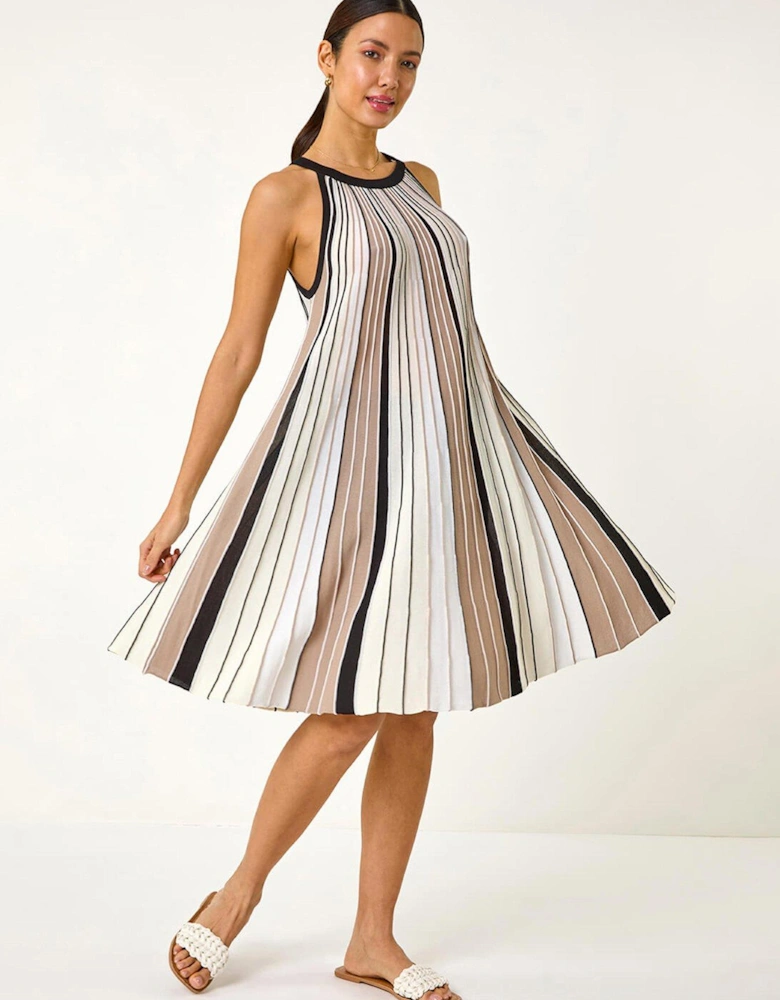 Halter Neck Striped Knit Dress - Beige