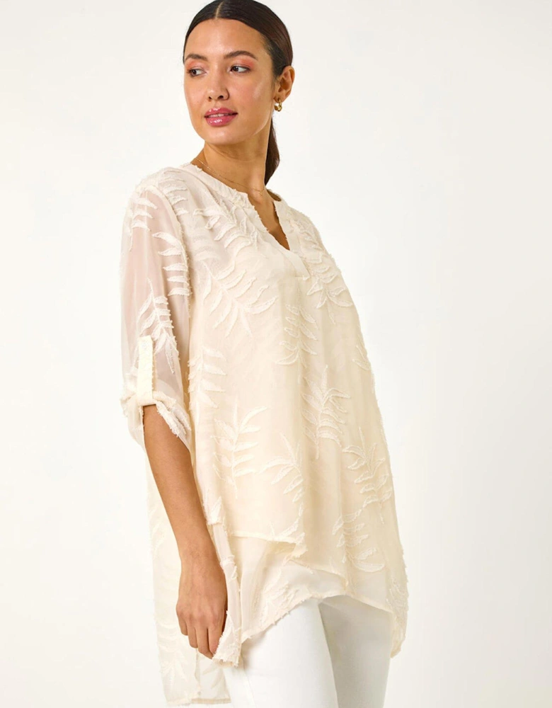 Leaf Print Burnout Wrap Tunic Top - White