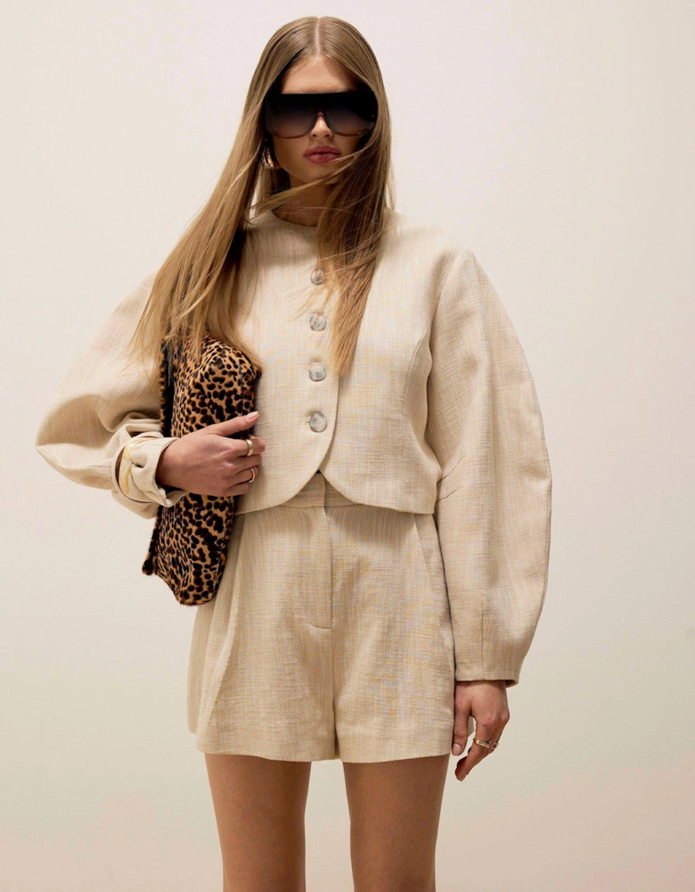 Long Sleeve Banana Sleeve Collarless Jacket - Cream