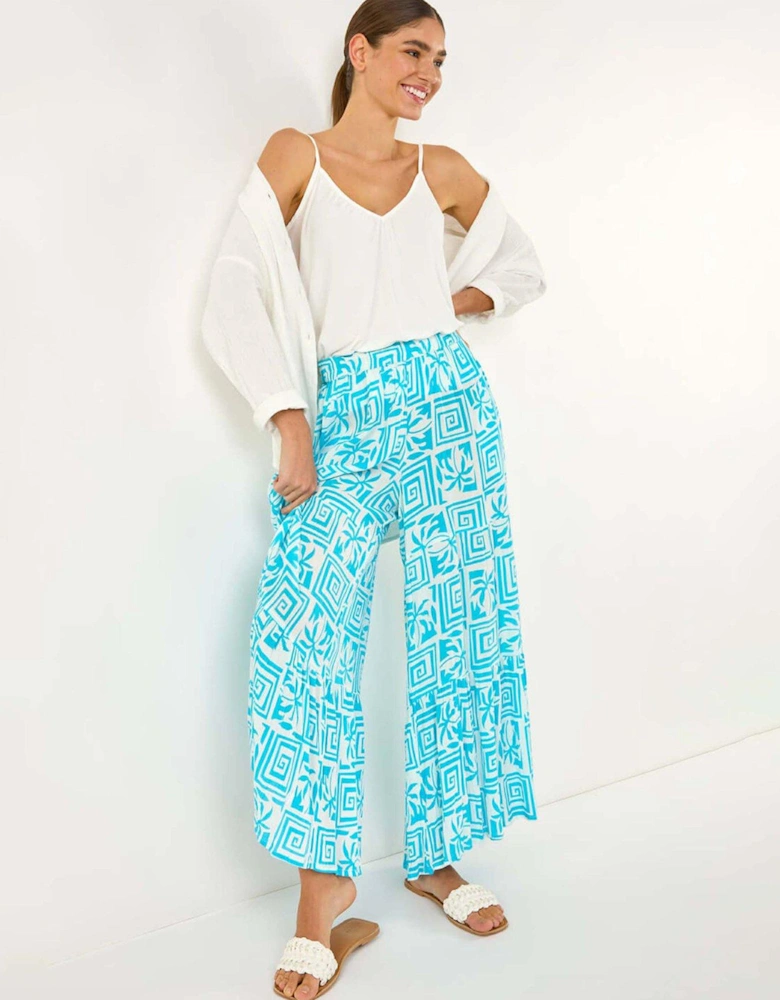 Palm Tile Print Tiered Palazzo Trouser - Blue