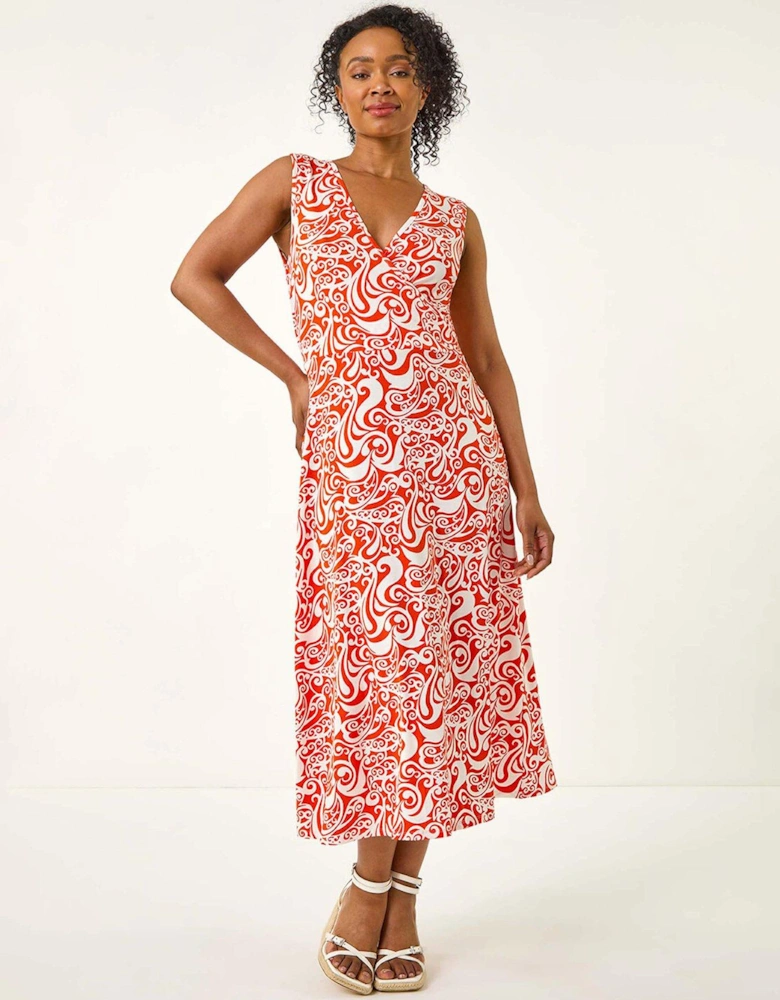 Petite Abstract Print Wrap Midi Dress - Orange