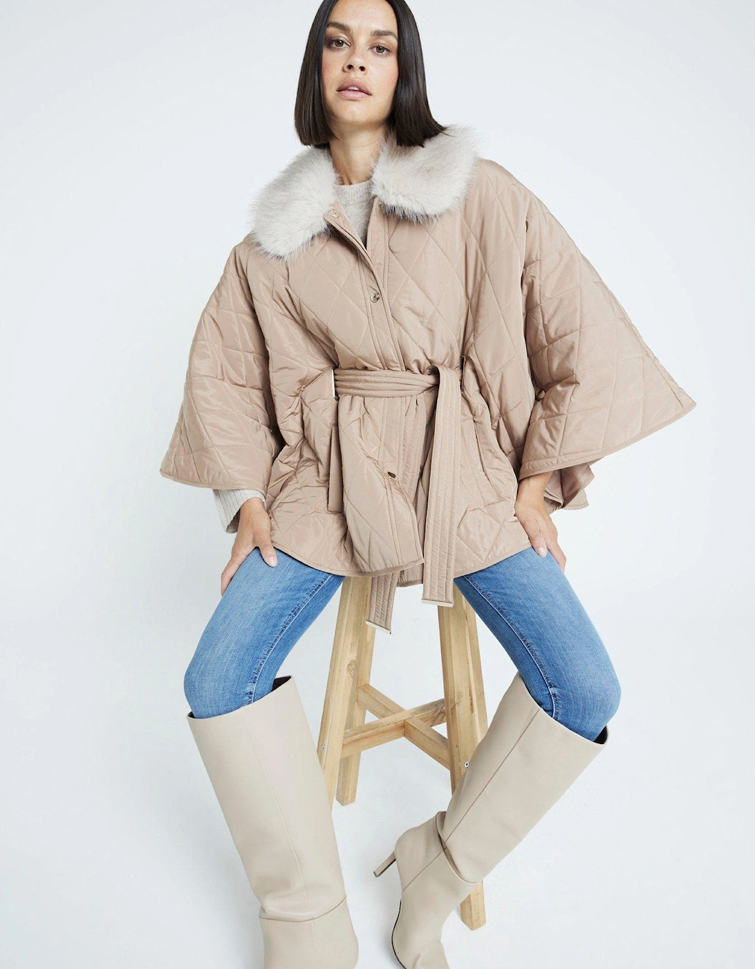Quilted Cape With Faux Collar - Beige, 6 of 5