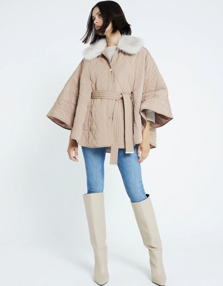 Quilted Cape With Faux Collar - Beige