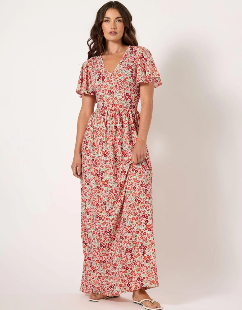 Ditsy V Neck Maxi Dress - Red