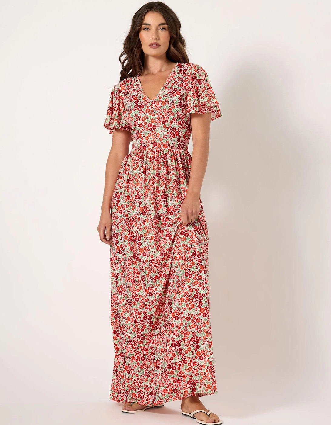 Ditsy V Neck Maxi Dress - Red, 2 of 1