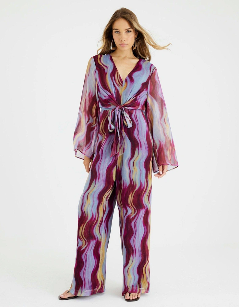Long Sleeve Tie Front Jumpsuit - Brown