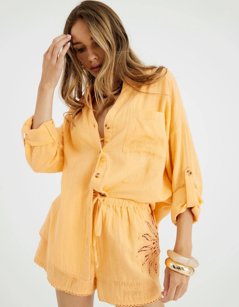 Sun Embellished Oversized Beach Shirt - Orange