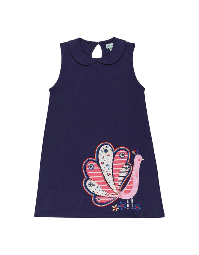 Girls Peacock Applique Dress - Navy
