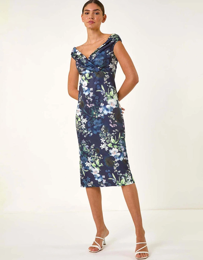 Floral Print Bardot Stretch Midi Dress - Navy