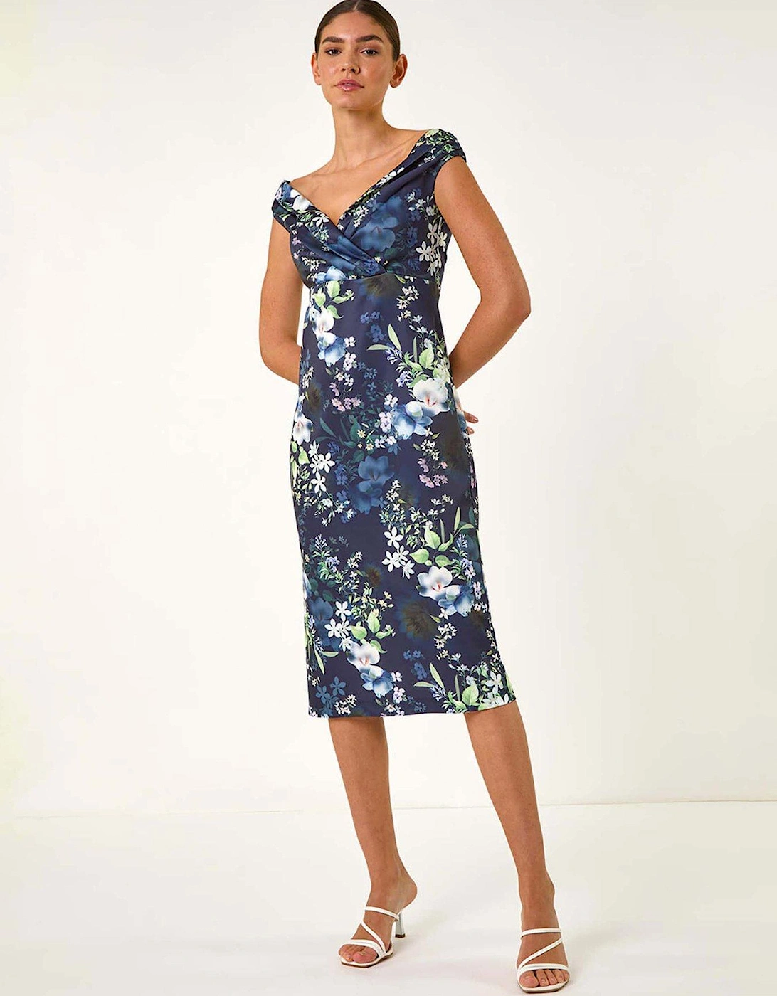 Floral Print Bardot Stretch Midi Dress - Navy, 2 of 1