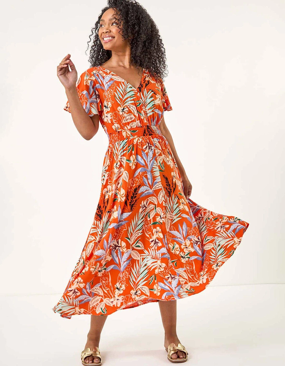 Petite Leaf Print Shirred Midi Dress - Orange, 2 of 1