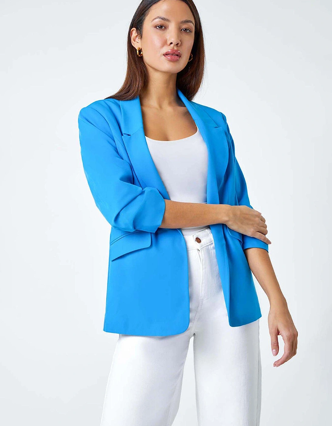 Ruched 3/4 Sleeve Stretch Blazer - Blue, 2 of 1