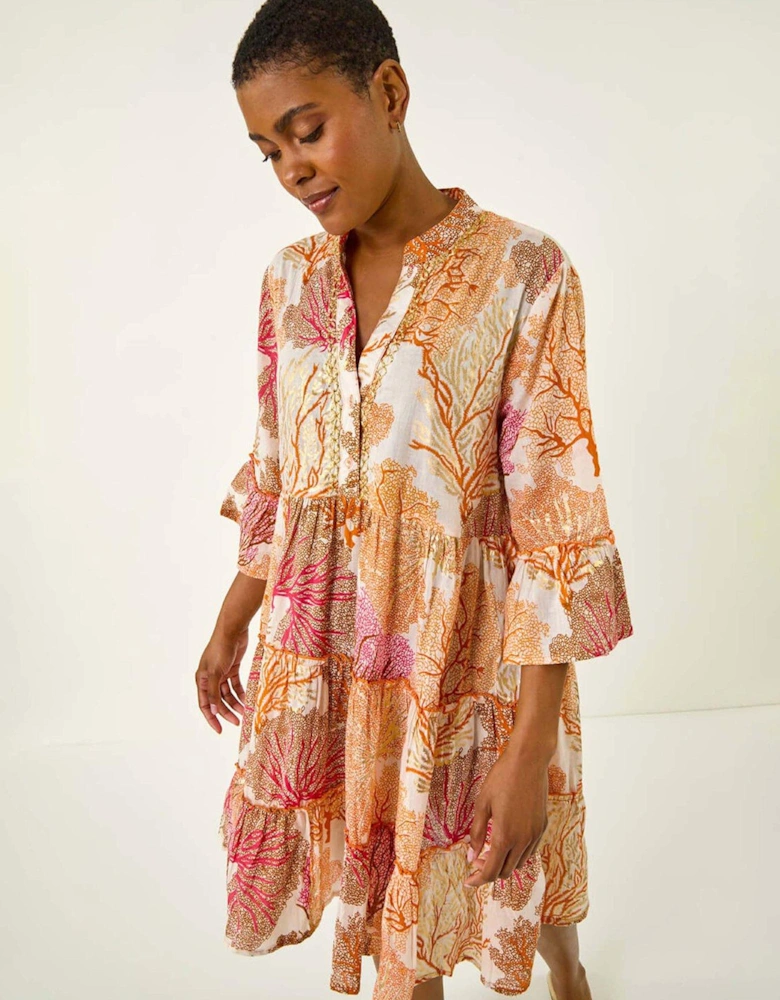 Cotton Printed Frill Smock Dress - Orange