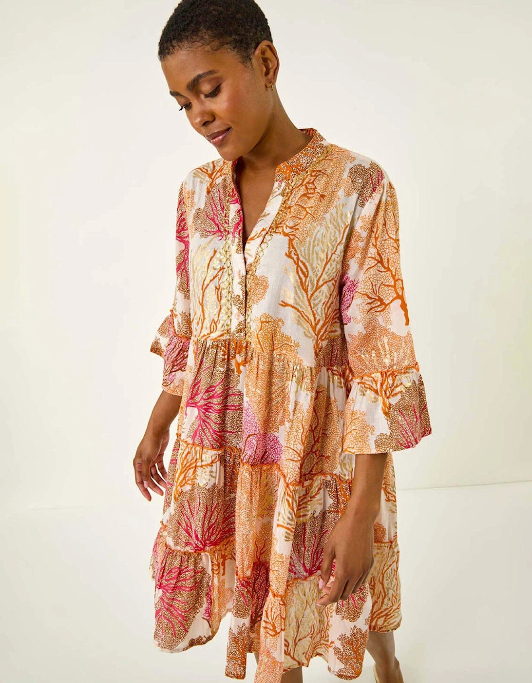 Cotton Printed Frill Smock Dress - Orange, 2 of 1