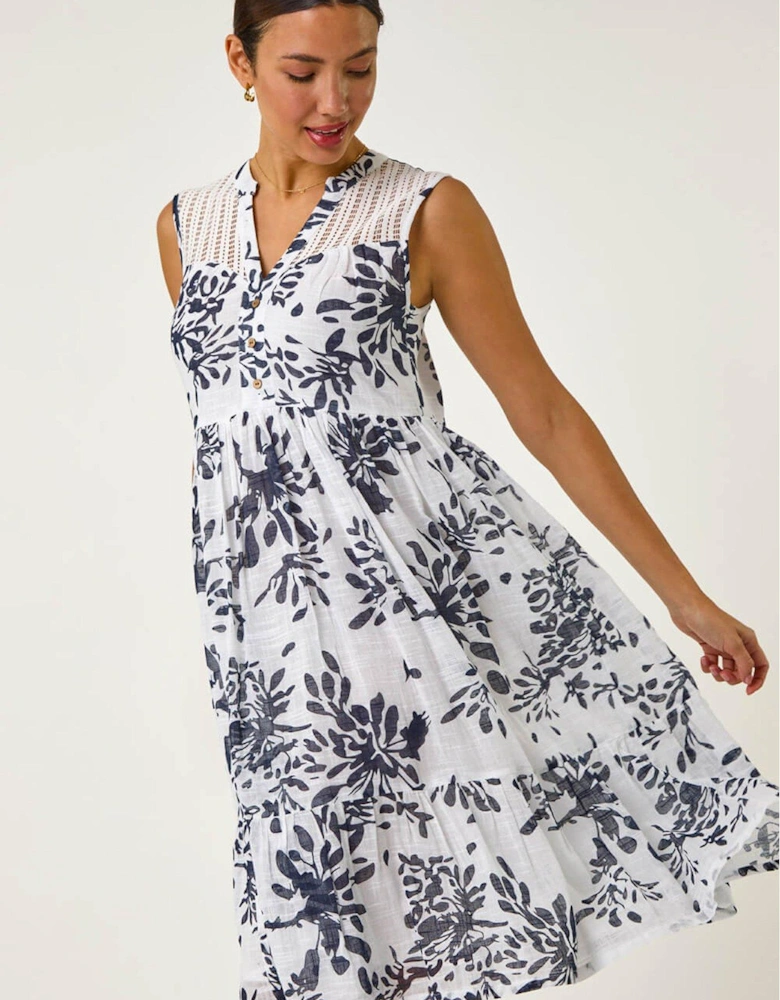 Floral Print Lace Detail Smock Dress