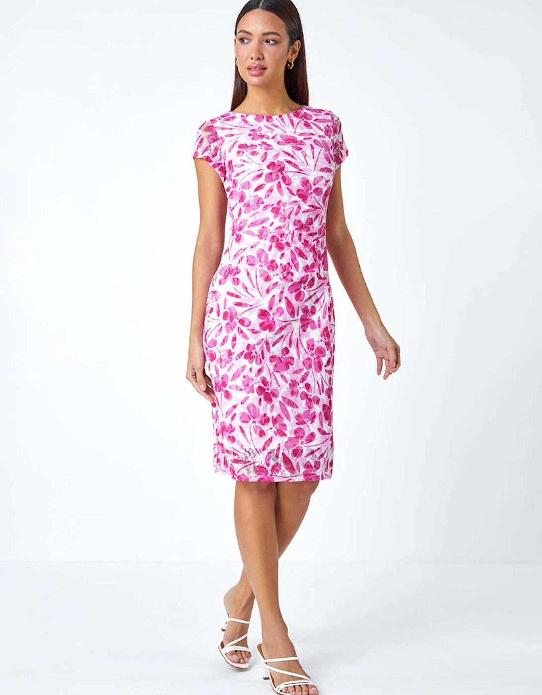 Floral Lace Gathered Stretch Bodycon Dress - Ivory, 2 of 1