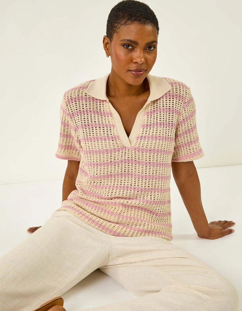 Stripe Crochet Collar Knit Top - Pink