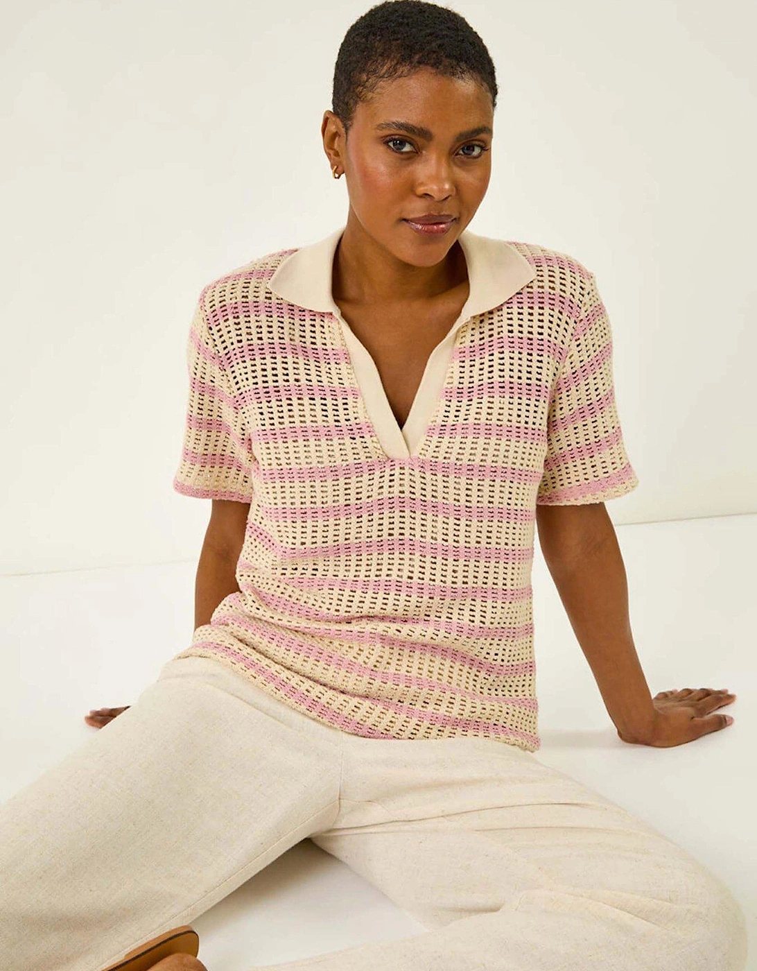 Stripe Crochet Collar Knit Top - Pink, 2 of 1