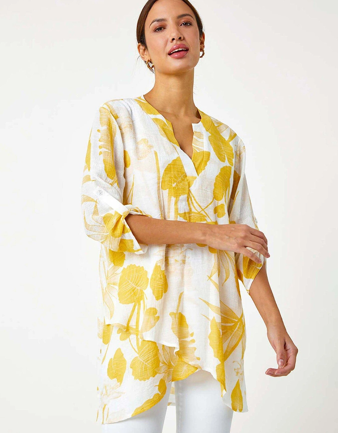 Palm Print V-neck Wrap Hem Tunic Top - Yellow, 2 of 1