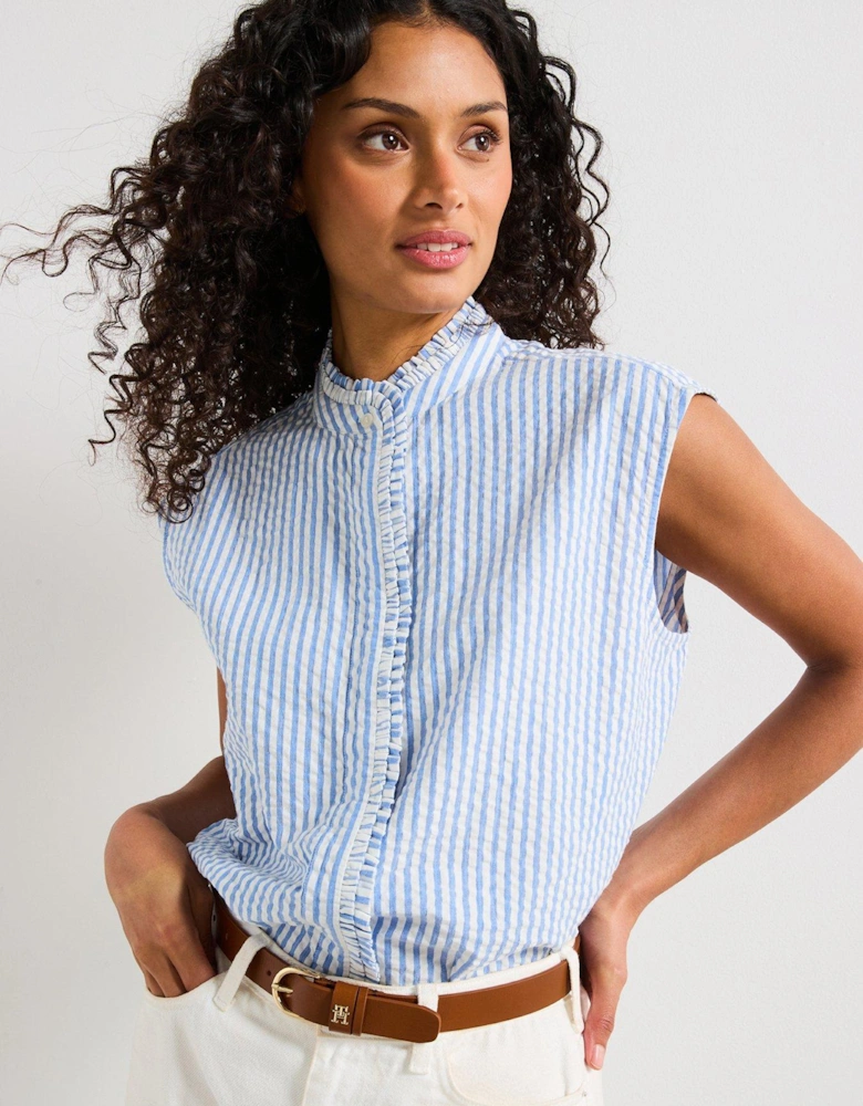 Seersucker Sleeveless Ruffle Shirt - Blue