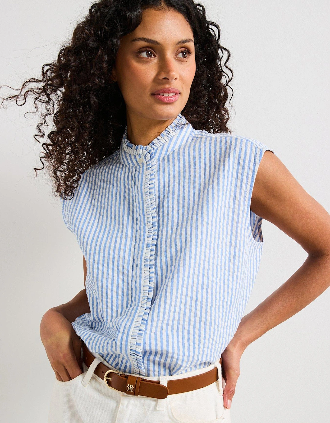 Seersucker Sleeveless Ruffle Shirt - Blue, 2 of 1