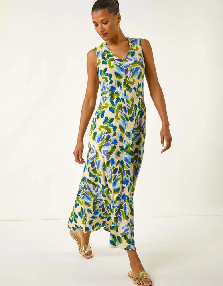 Abstract Print Sleeveless Midi Dress - Blue