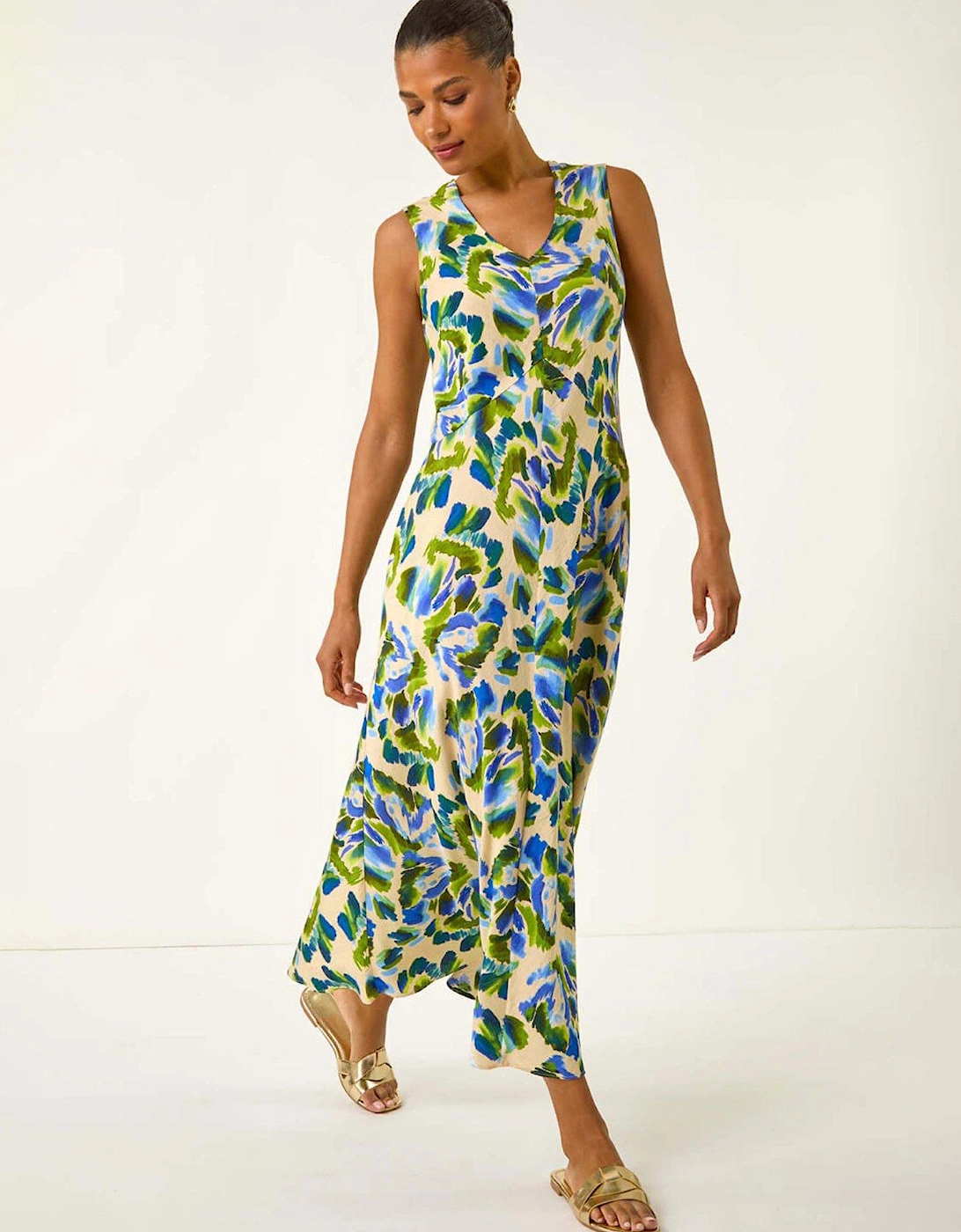 Abstract Print Sleeveless Midi Dress - Blue, 2 of 1