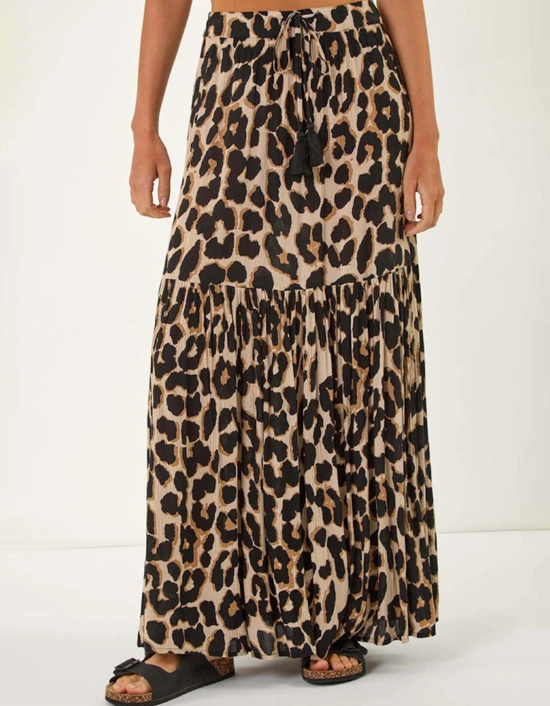 Animal Print Tiered Maxi Skirt - Beige