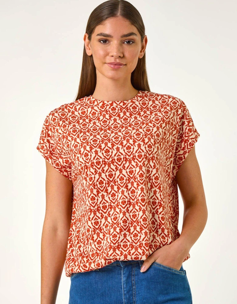 Geo Print Bubble Hem Top - Rust