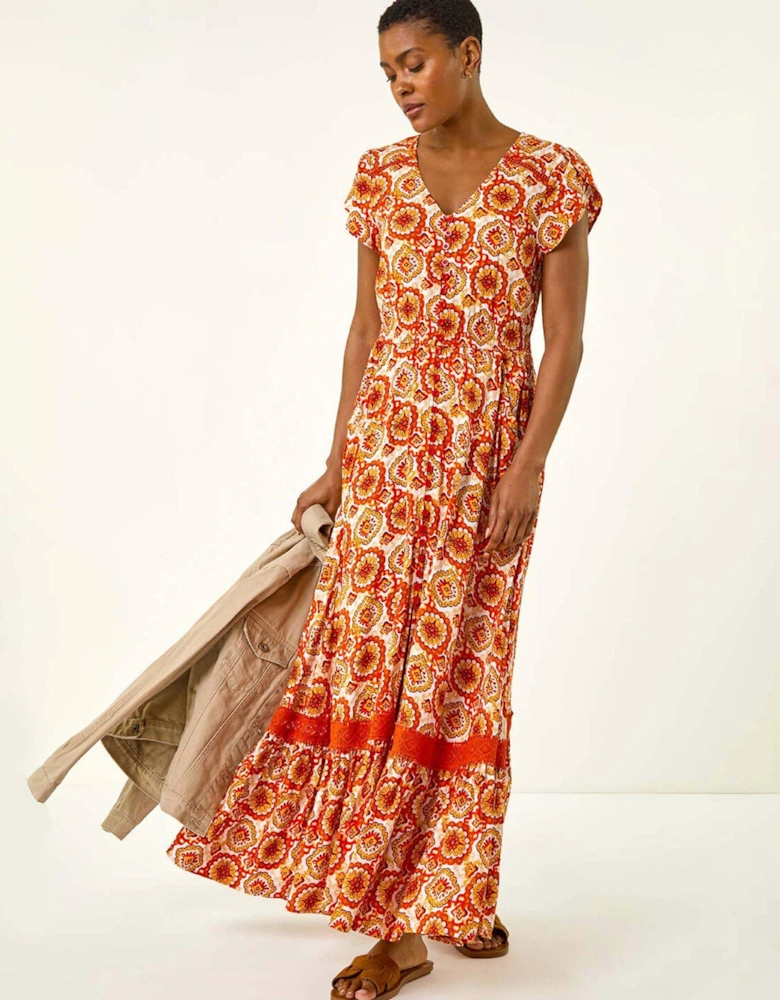 Abstract Lace Trim Maxi Dress - Orange