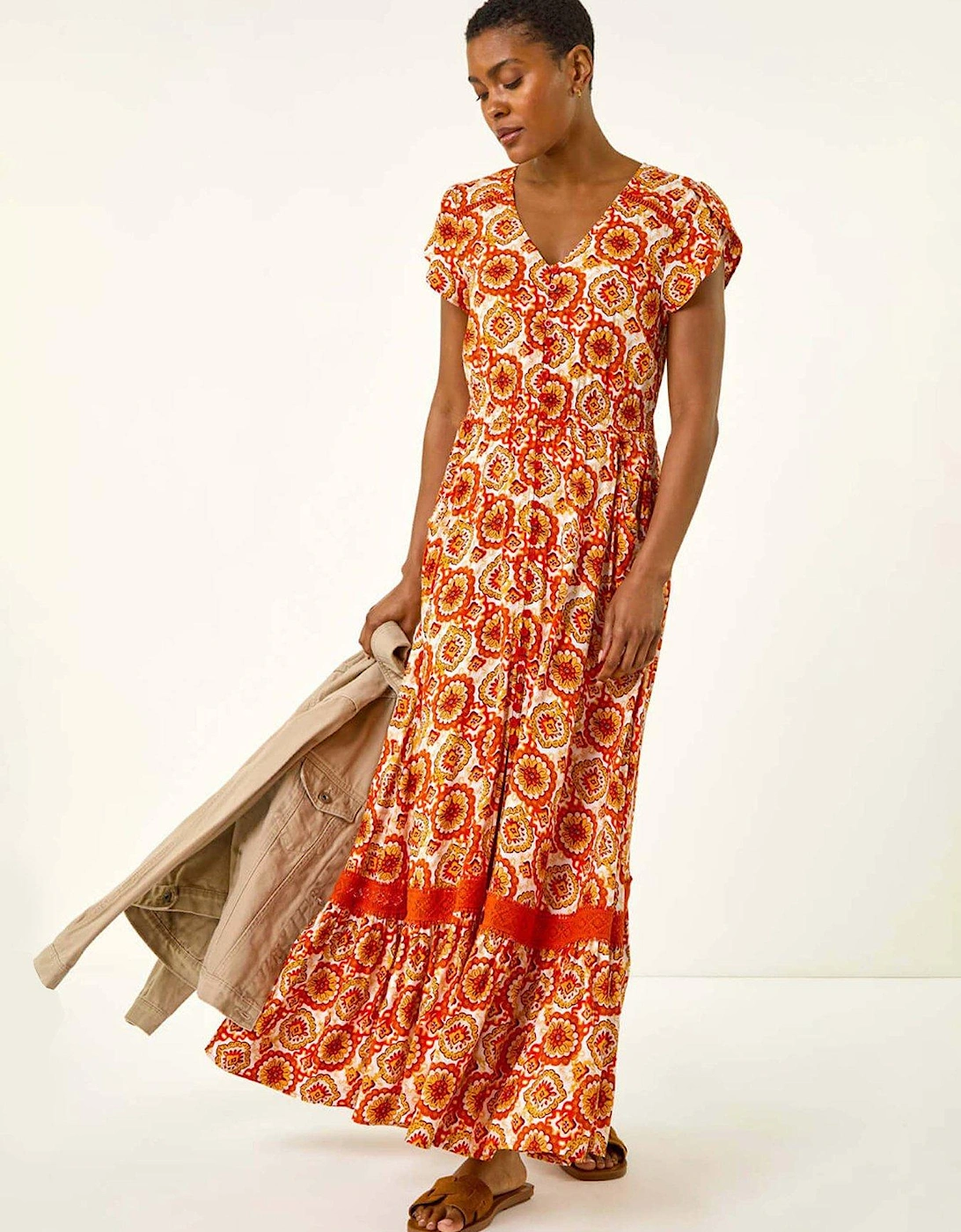 Abstract Lace Trim Maxi Dress - Orange, 2 of 1