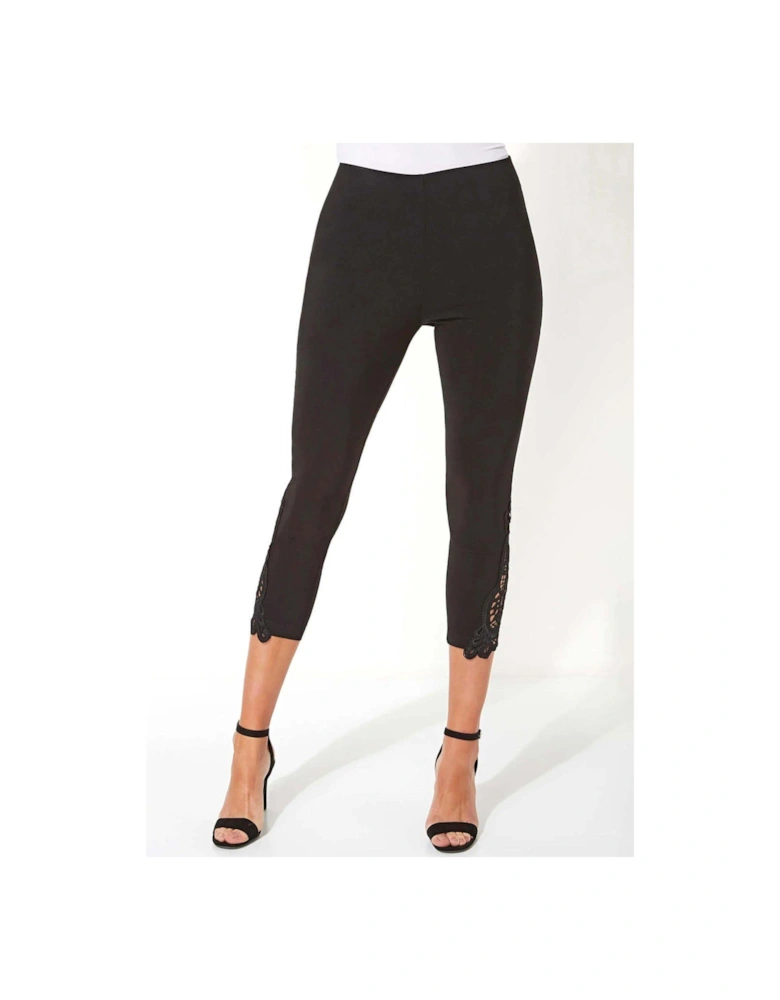 Lace Insert Elastic Waist Crop Trousers - Black