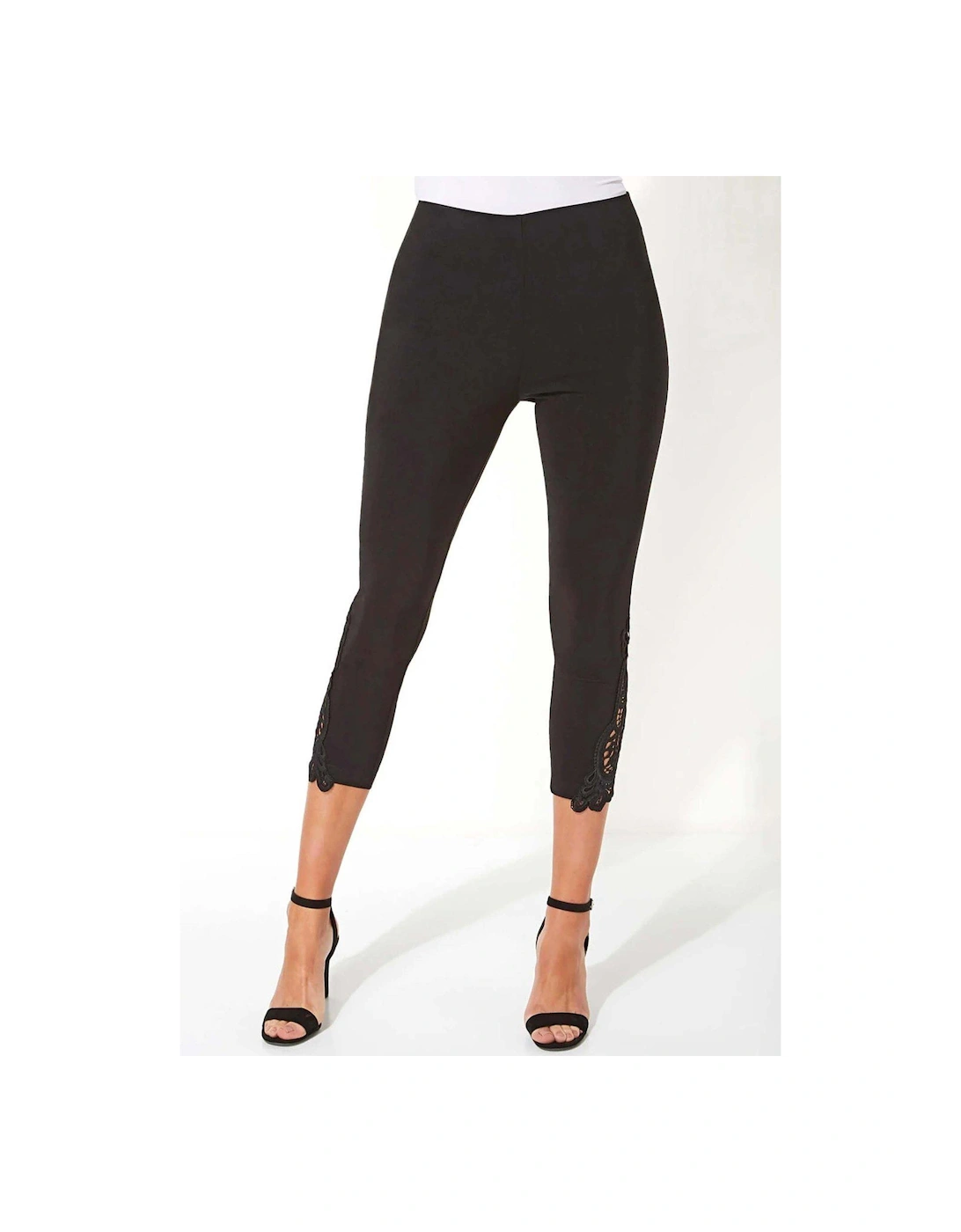 Lace Insert Elastic Waist Crop Trousers - Black, 2 of 1