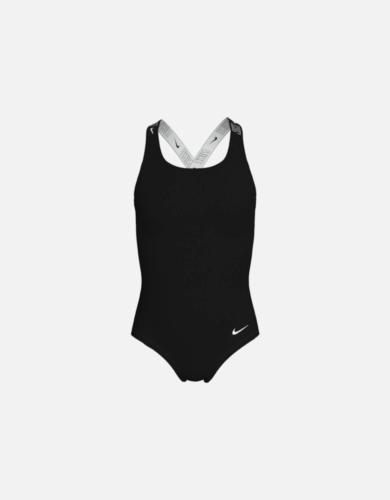 Girls Logo Taping Crossback One Piece Swimsuit - Black