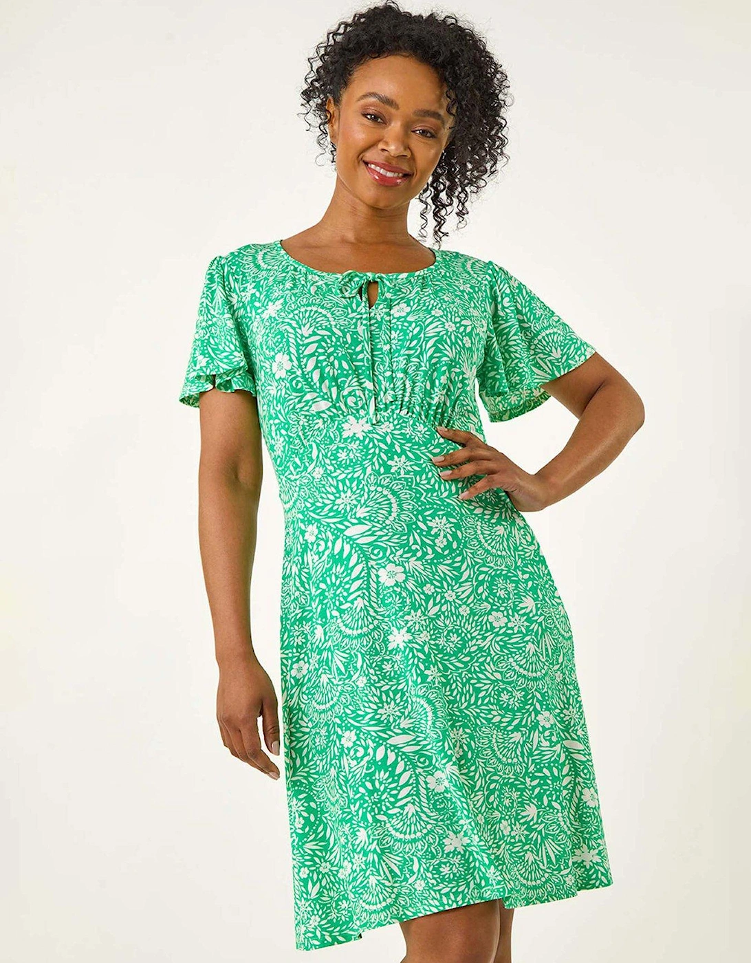 Petite Floral Print Tie Detail Dress - Green, 2 of 1