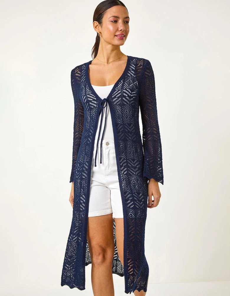 Longline Tie Cotton Blend Knit Cardigan - Navy
