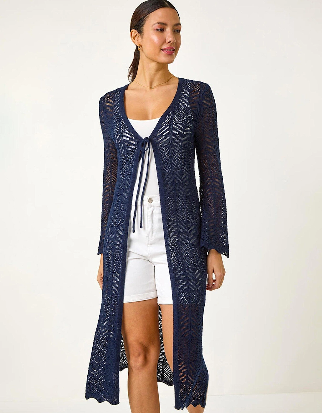 Longline Tie Cotton Blend Knit Cardigan - Navy, 2 of 1