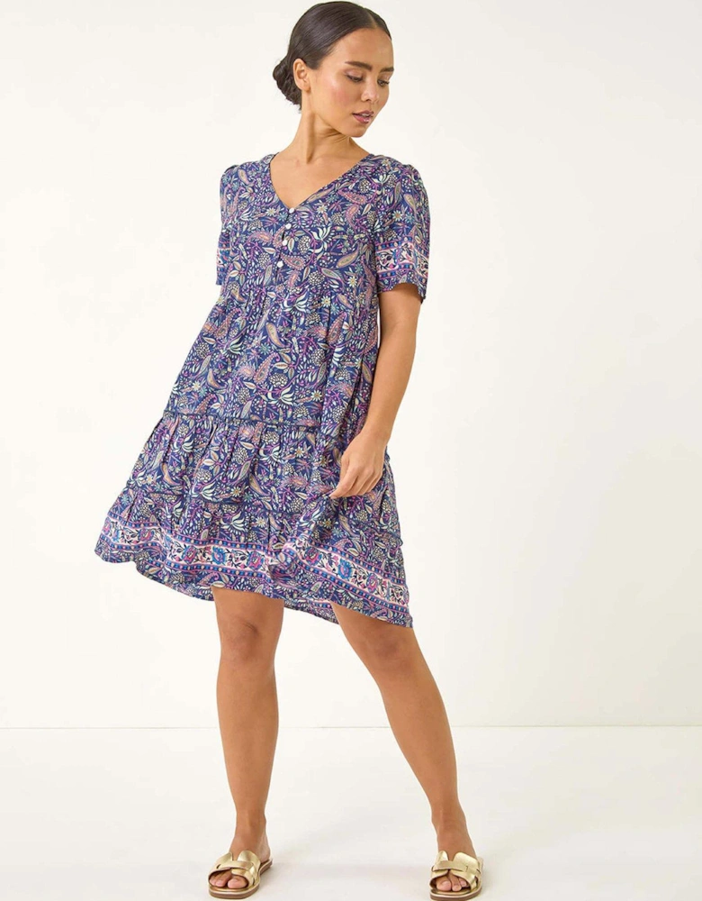 Petite Floral Paisley Tiered Dress - Navy